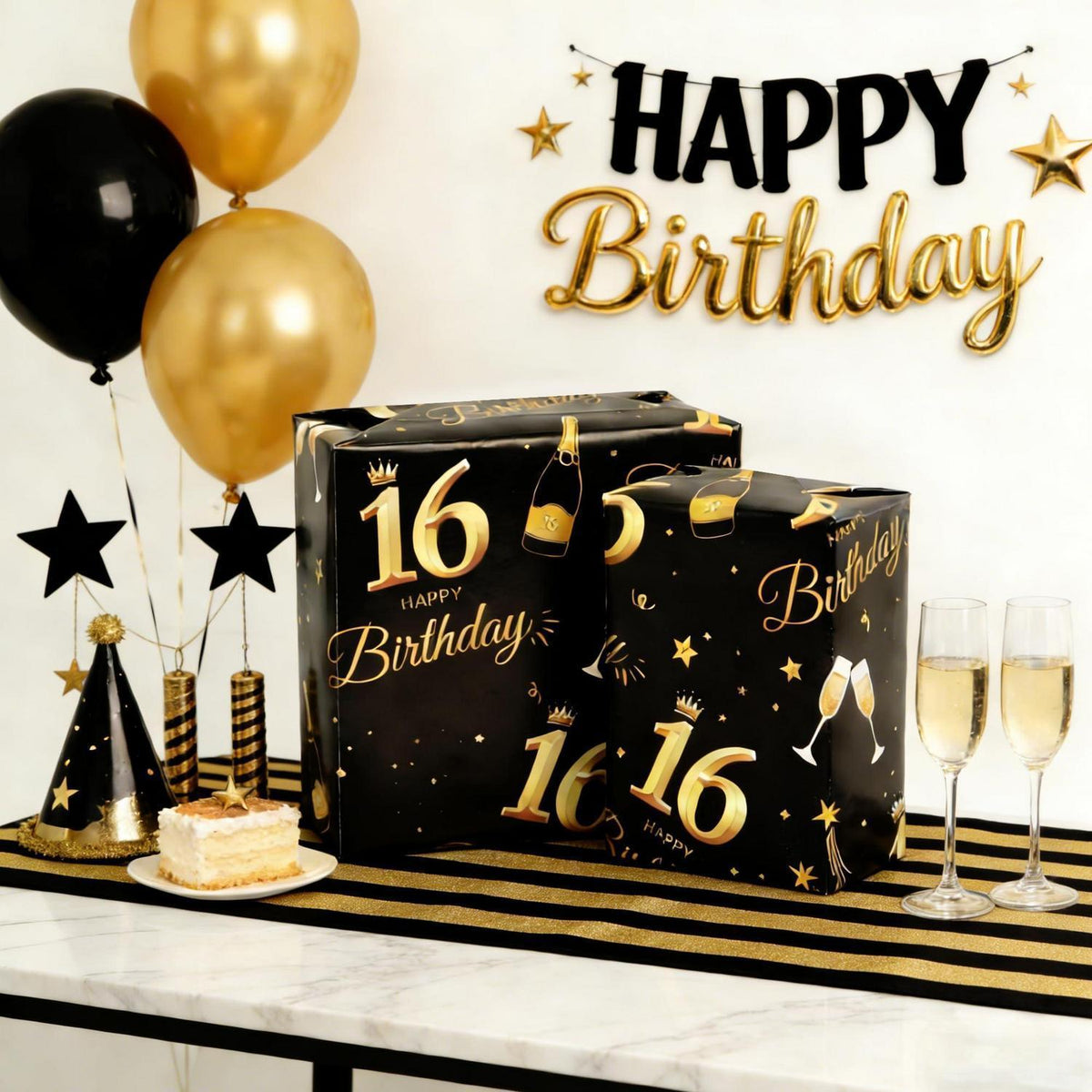 Geschenkpapier 16. Geburtstag Schwarz Gold 6 Bögen