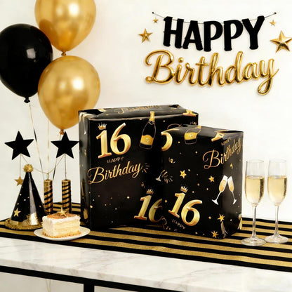 Geschenkpapier 16. Geburtstag Schwarz Gold 6 Bögen