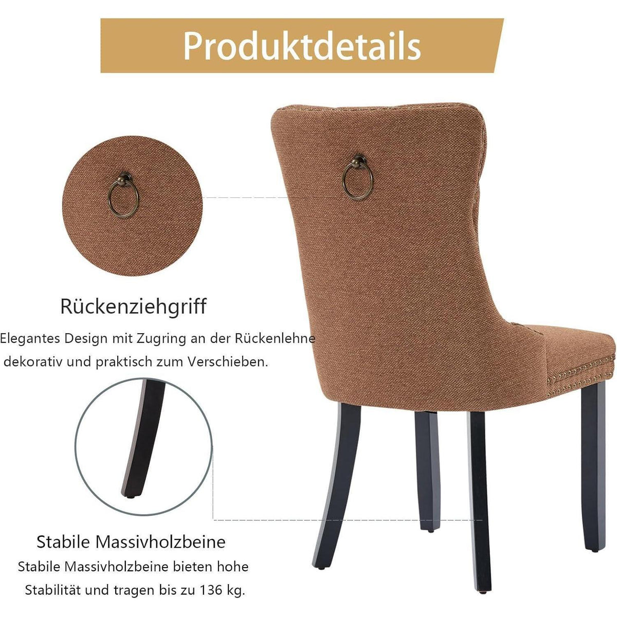 Gepolsterte Esszimmerstühle 2er-Set, Braun, Leinenstoff