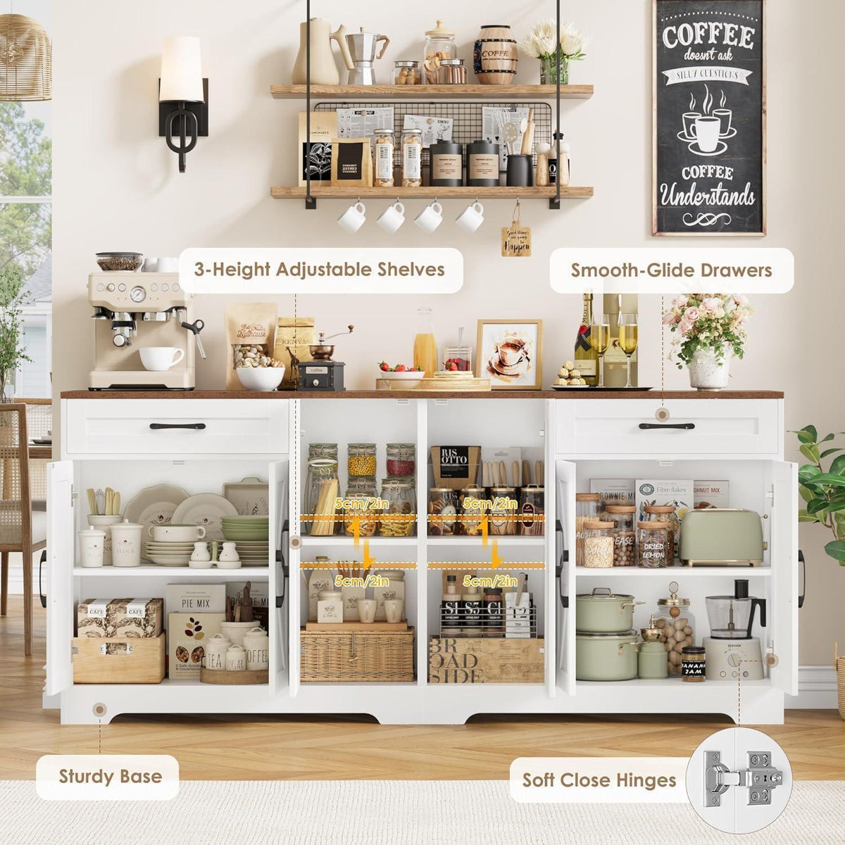 180cm Sideboard mit Arbeitsplatte – Weißes Küchenbuffet mit 6 Türen