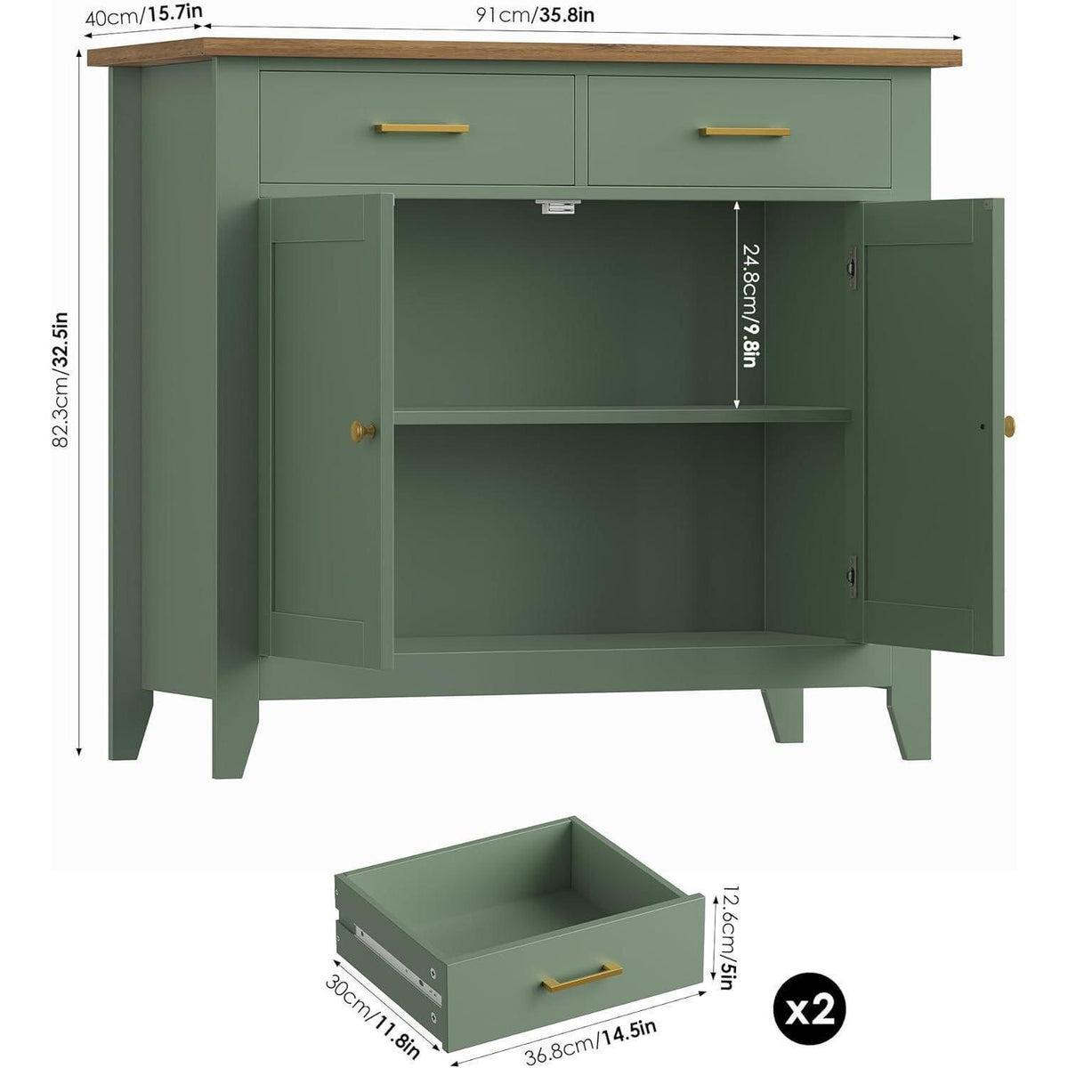 Grüner Küchenschrank mit Arbeitsplatte & Schubladen im Landhausstil
