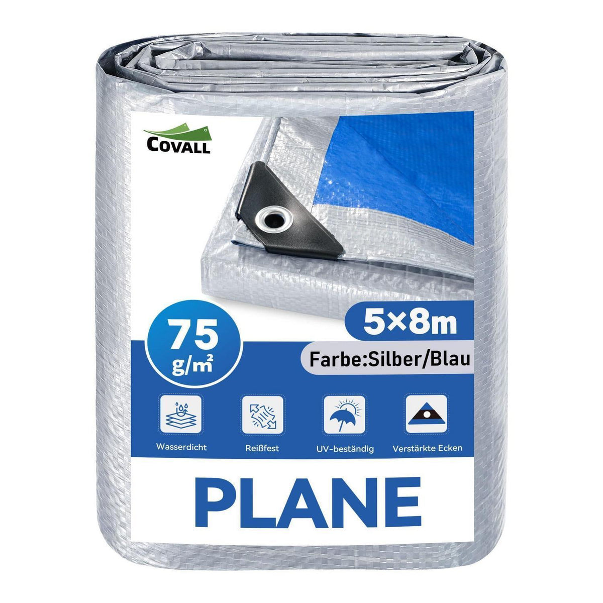 Wasserdichte Plane 5x8m – Silber/Blau, UV & Reißfest