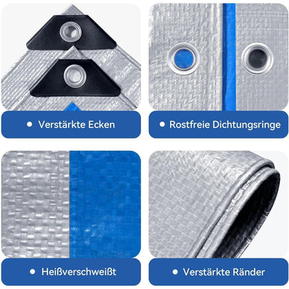 Wasserdichte Plane 10x10m – Silber/Blau, UV & Reißfest