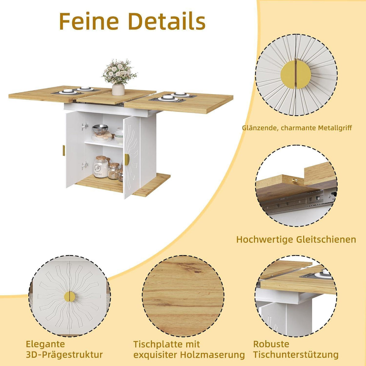 Auszugstisch Holzfurnier mit Stauraum & Sonnenrelief
