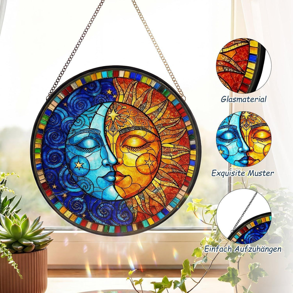 Sonnenfänger Fenster Hängend Sonne-Mond Design – Bunte Acryl Deko