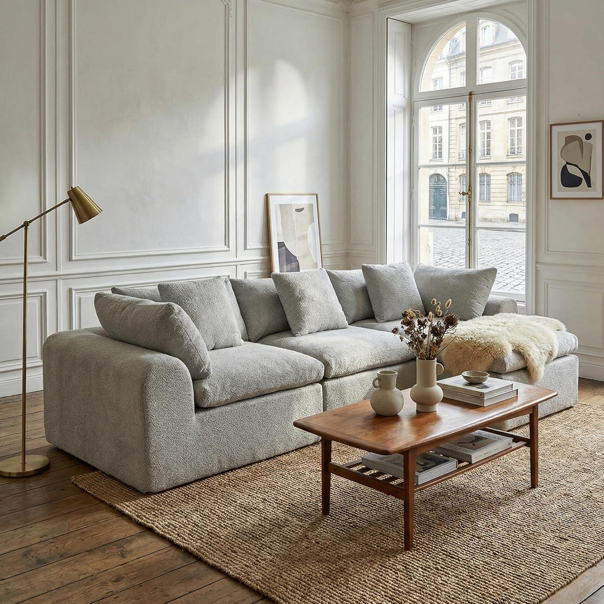 275cm L-förmiges Schlafsofa, 4-Sitzer Cloud-Velours Grau