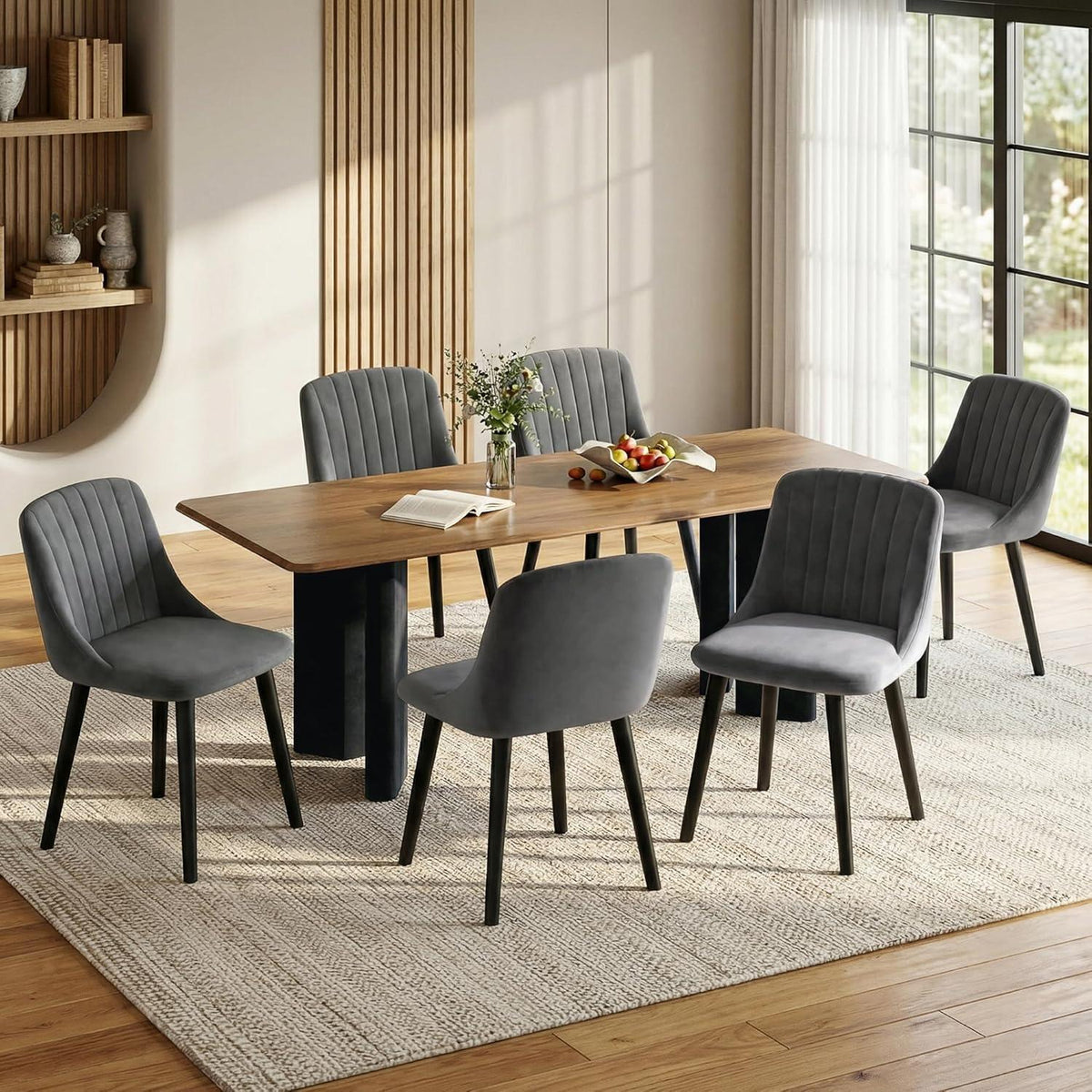 Esszimmerstuhl Set Dunkelgrau Samt | 6er Pack Holzbeine