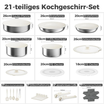21-teiliges Topfset mit abnehmbarem Griff – Antihaft Keramik Weiß