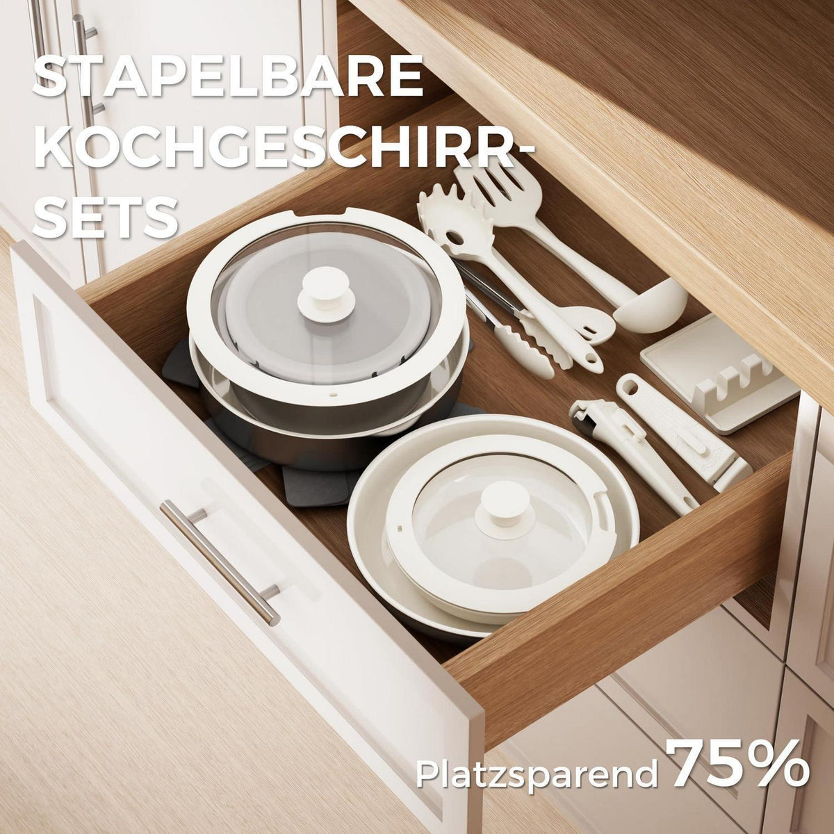 21-teiliges Topfset mit abnehmbarem Griff – Antihaft Keramik Weiß