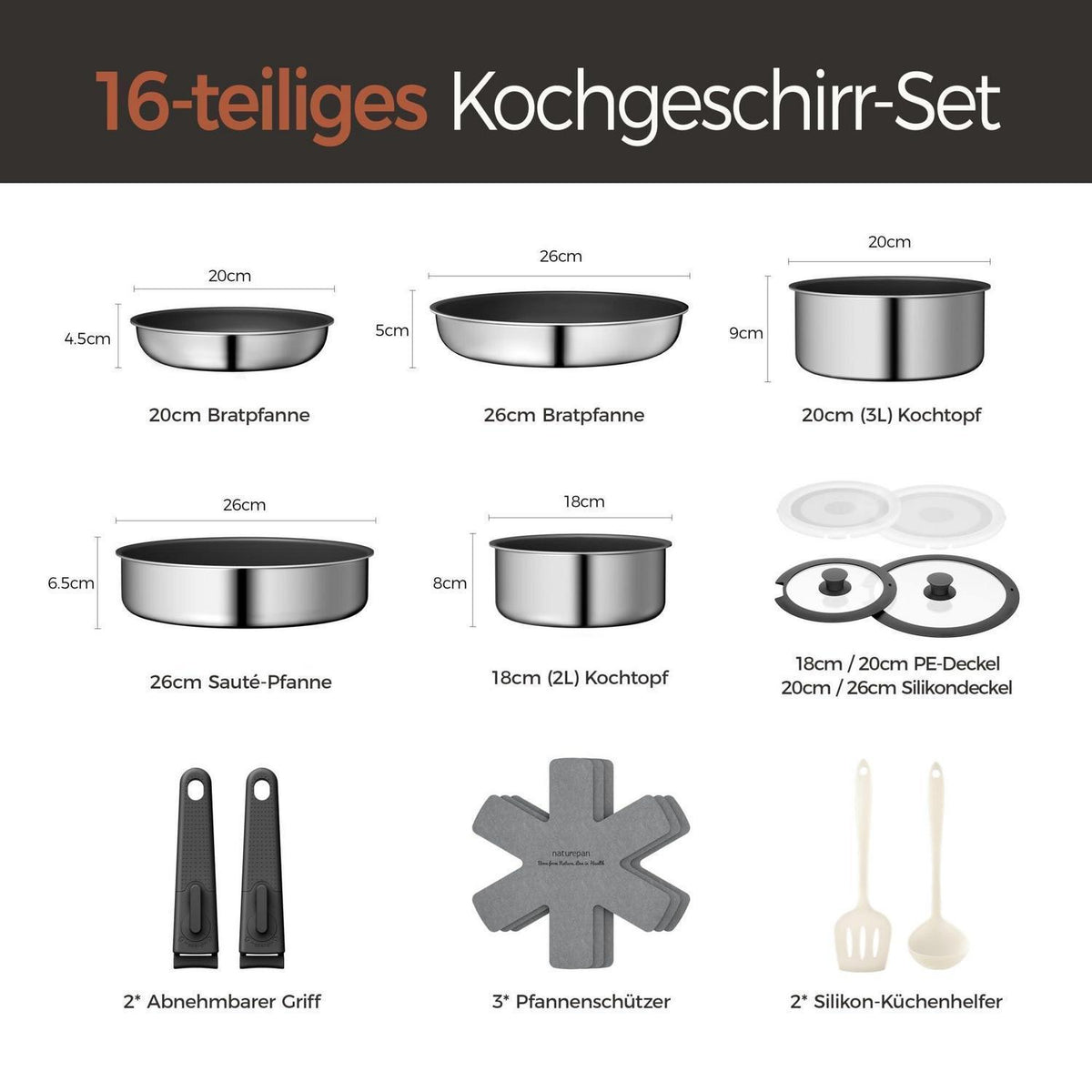 16-teiliges Antihaft-Kochset aus Edelstahl & Keramik
