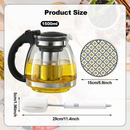 Große Glasteekanne 1.5L mit Sieb, Bürste & Wärmeisolierung
