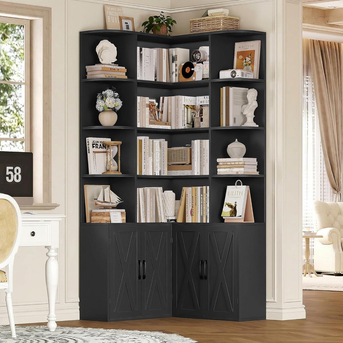 Eckregal 187cm mit Türen & 12 Fächern – L-förmiger Bücherschrank