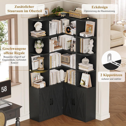Eckregal 187cm mit Türen & 12 Fächern – L-förmiger Bücherschrank