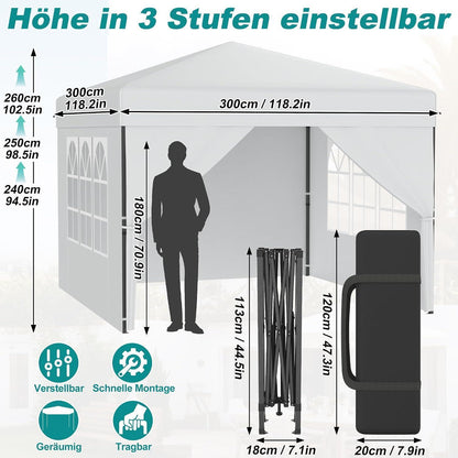 3x3m Pop-Up Pavillon mit Seitenwänden & One-Touch Lift