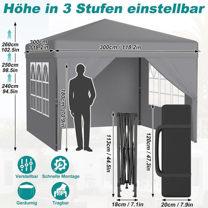 3x3m Pop-Up Pavillon mit Seitenwänden & One-Touch Lift
