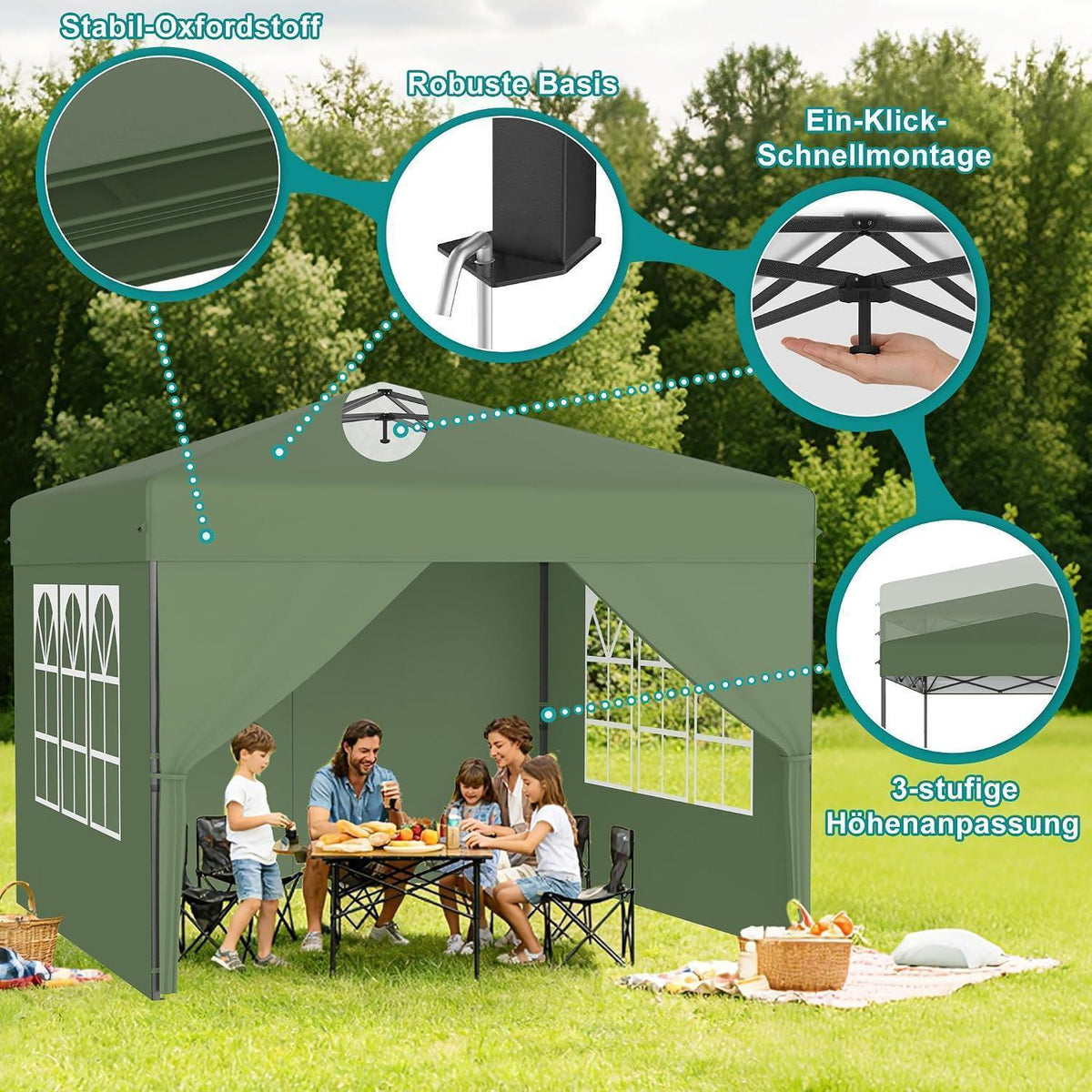 Pop-Up Pavillon 2,5x2,5m mit Seitenwänden & One-Touch Lift