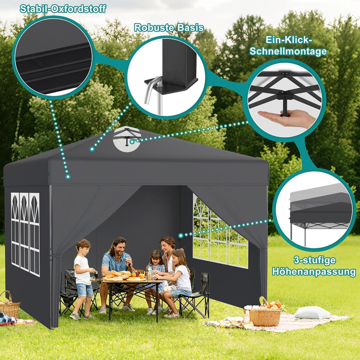 3x3m Pop-Up Pavillon mit Seitenwänden & One-Touch Lift