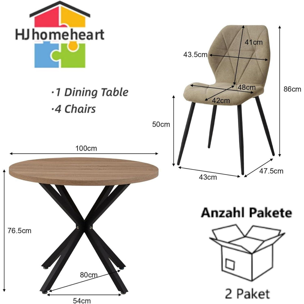 Runder Esstisch Set 100cm mit 4 modernen Leinenstühlen