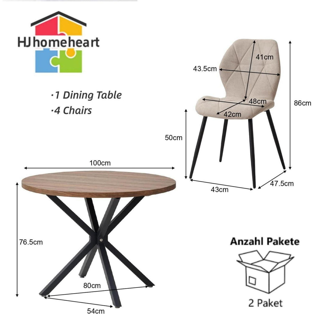 Runder Esstisch Set 100cm & 4 Moderne Leinenstühle Dunkel+Khaki