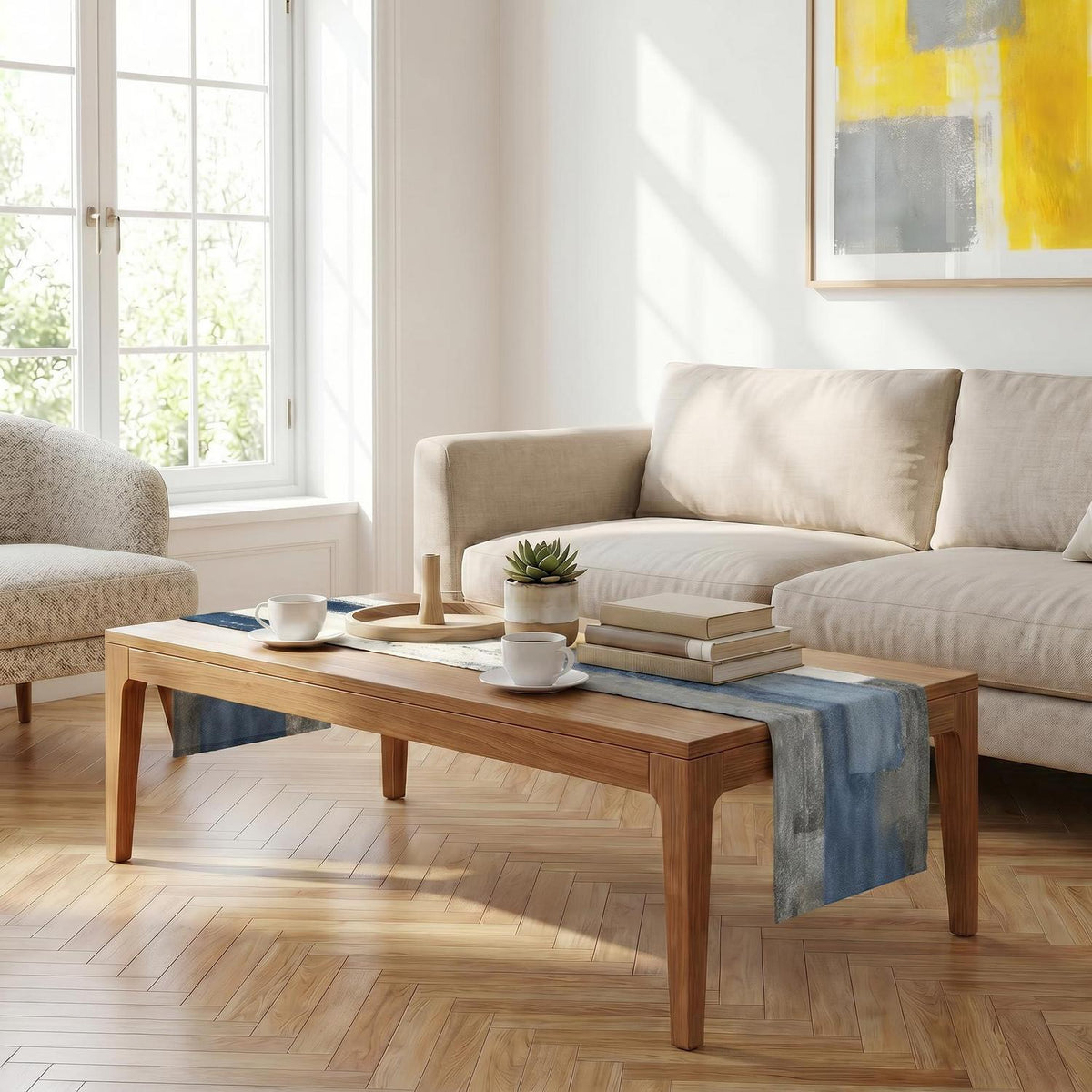Tischläufer Leinen abstrakt Landhausstil weiß 40x140 cm