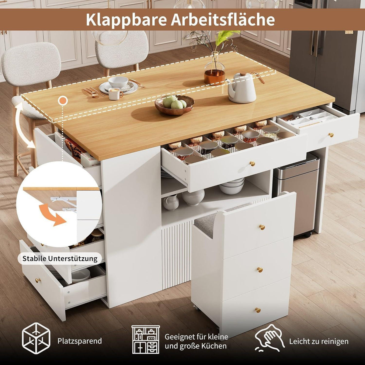 Verstellbare Kücheninsel mit Barhockern & Stauraum Weiß