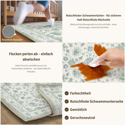 Waschbarer Teppich Blassgrün 300x400cm - Vintage Wohnzimmerteppich