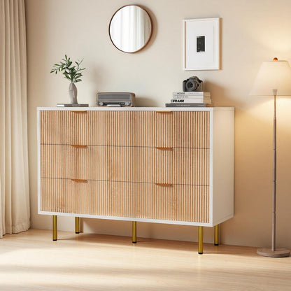 Kommode 6 Schubladen Holz Metallfüße Weiß Naturholz