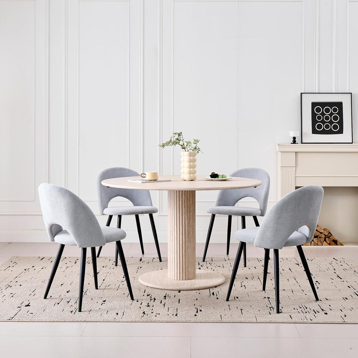 Runder Esstisch Set (115cm) mit 4 Stoffstühlen – Beige & Grau