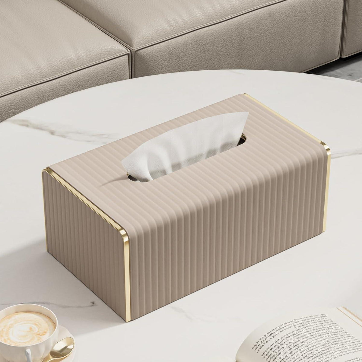 Kosmetiktücherbox Rechteckig Beige – Stilvolle Deko in Lederoptik