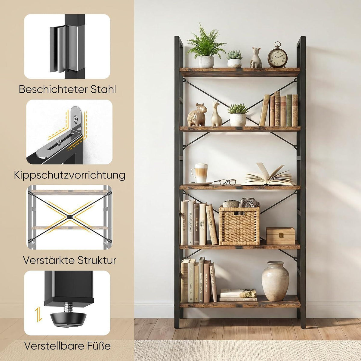 5-Ebenen Bücherregal | Standregal für Küche, Wohnzimmer & Schlafzimmer