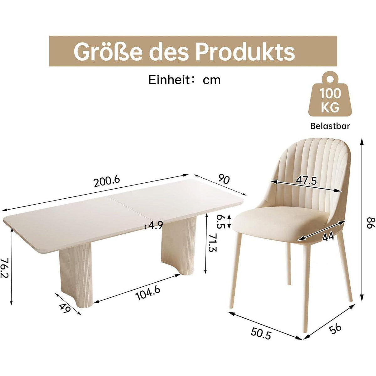 Rechteckiger Esstisch Creme mit 4 Stühlen (200 cm)