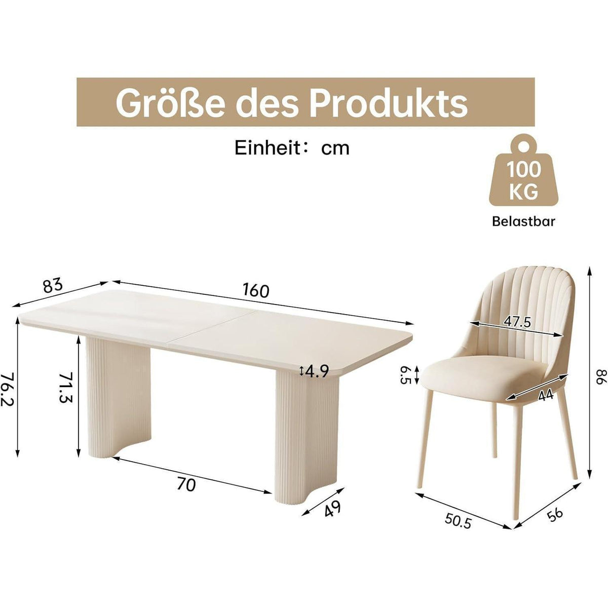 Rechteckiger Esstisch Creme mit 4 Stühlen (160 cm)