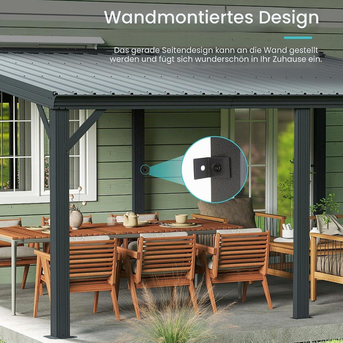 Wandmontierter Pavillon 3x4,6m – Terrassenüberdachung Grau
