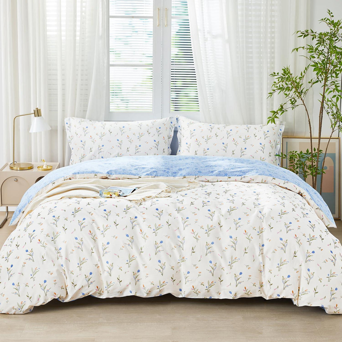 Blumen Bettwäsche Set 200x220 Baumwolle Blau Botanisch
