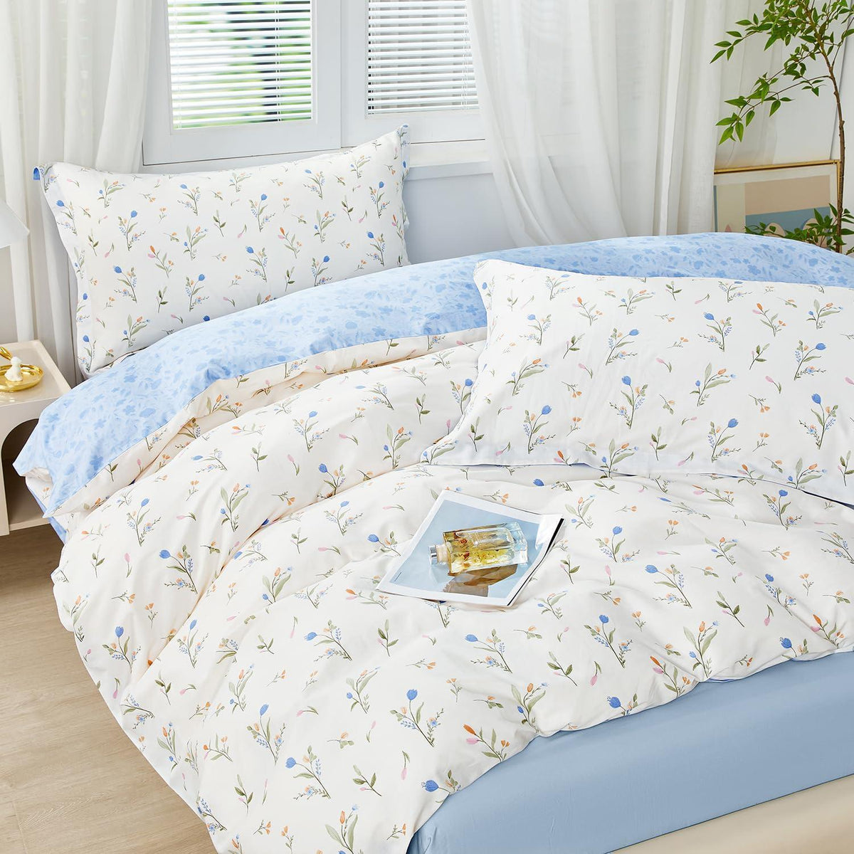 Blumen Bettwäsche Set 200x220 Baumwolle Blau Botanisch