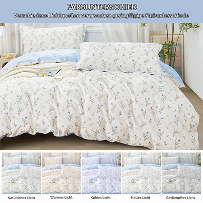Blumen Bettwäsche Set 200x220 Baumwolle Blau Botanisch