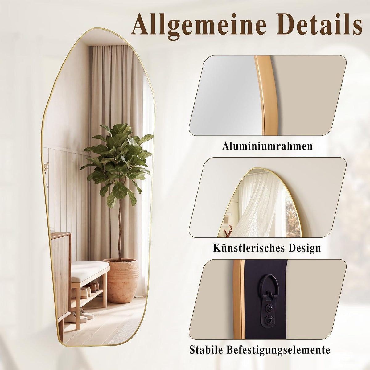 Ganzkörperspiegel Gold – Diamantform, Ständer & Wandmontage