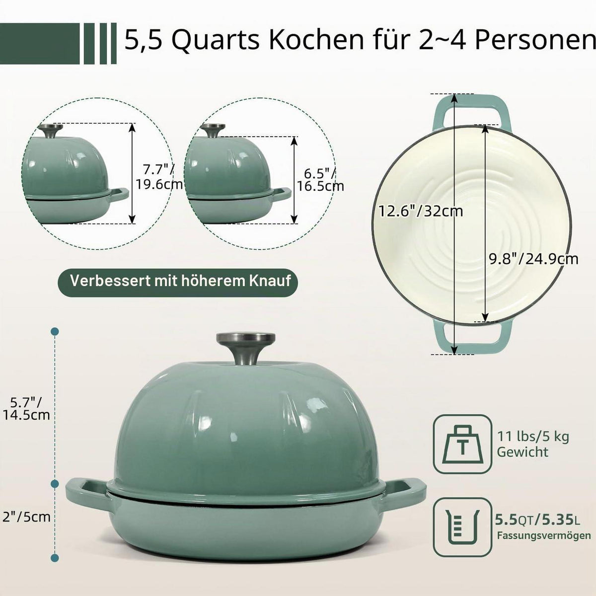Gusseisen Brotbacktopf 5,35L Meersalzgrün mit Ofenhandschuhen