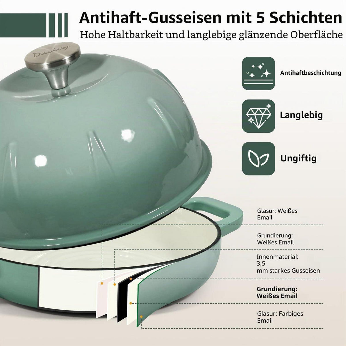 Gusseisen Brotbacktopf 5,35L Meersalzgrün mit Ofenhandschuhen