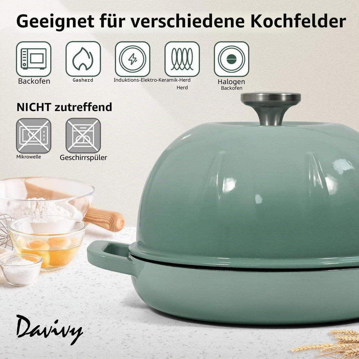 Gusseisen Brotbacktopf 5,35L Meersalzgrün mit Ofenhandschuhen