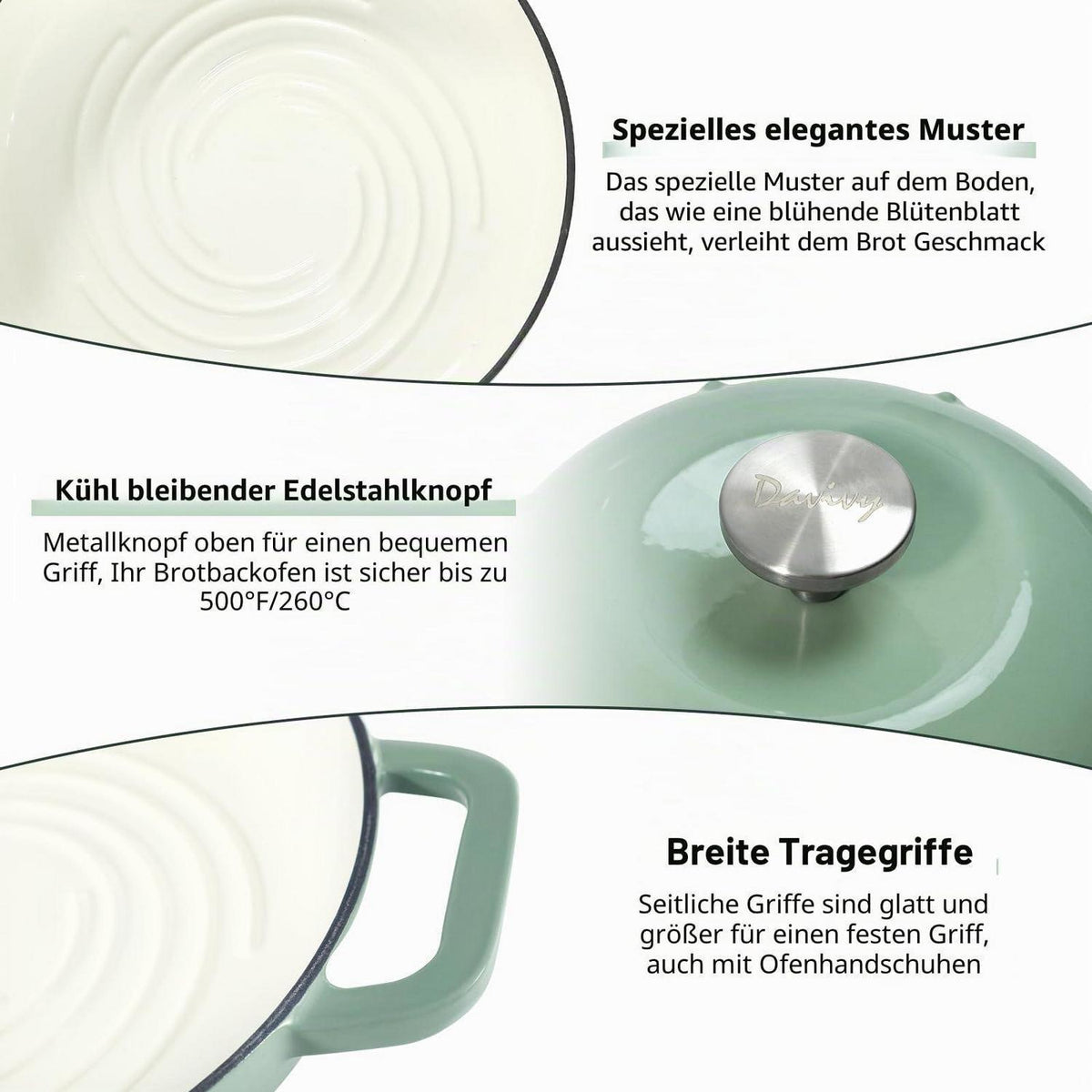 Gusseisen Brotbacktopf 5,35L Meersalzgrün mit Ofenhandschuhen