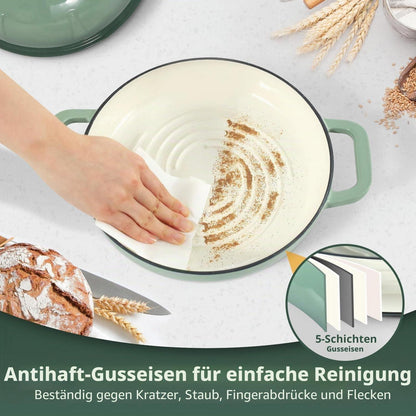 Gusseisen Brotbacktopf 5,35L Meersalzgrün mit Ofenhandschuhen