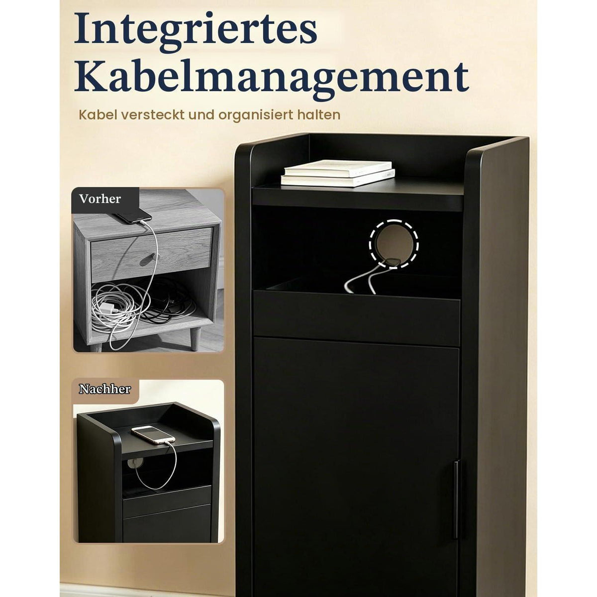 Nachttisch 2er Set Schwarz – Schmaler Nachtschrank mit Schublade