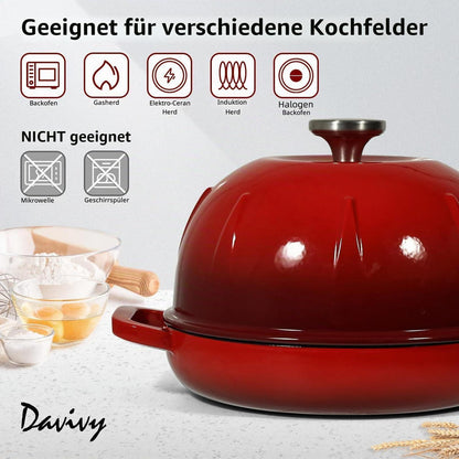 Gusseisen Brotbacktopf 5,35L mit Ofenhandschuhen - Kirschrot