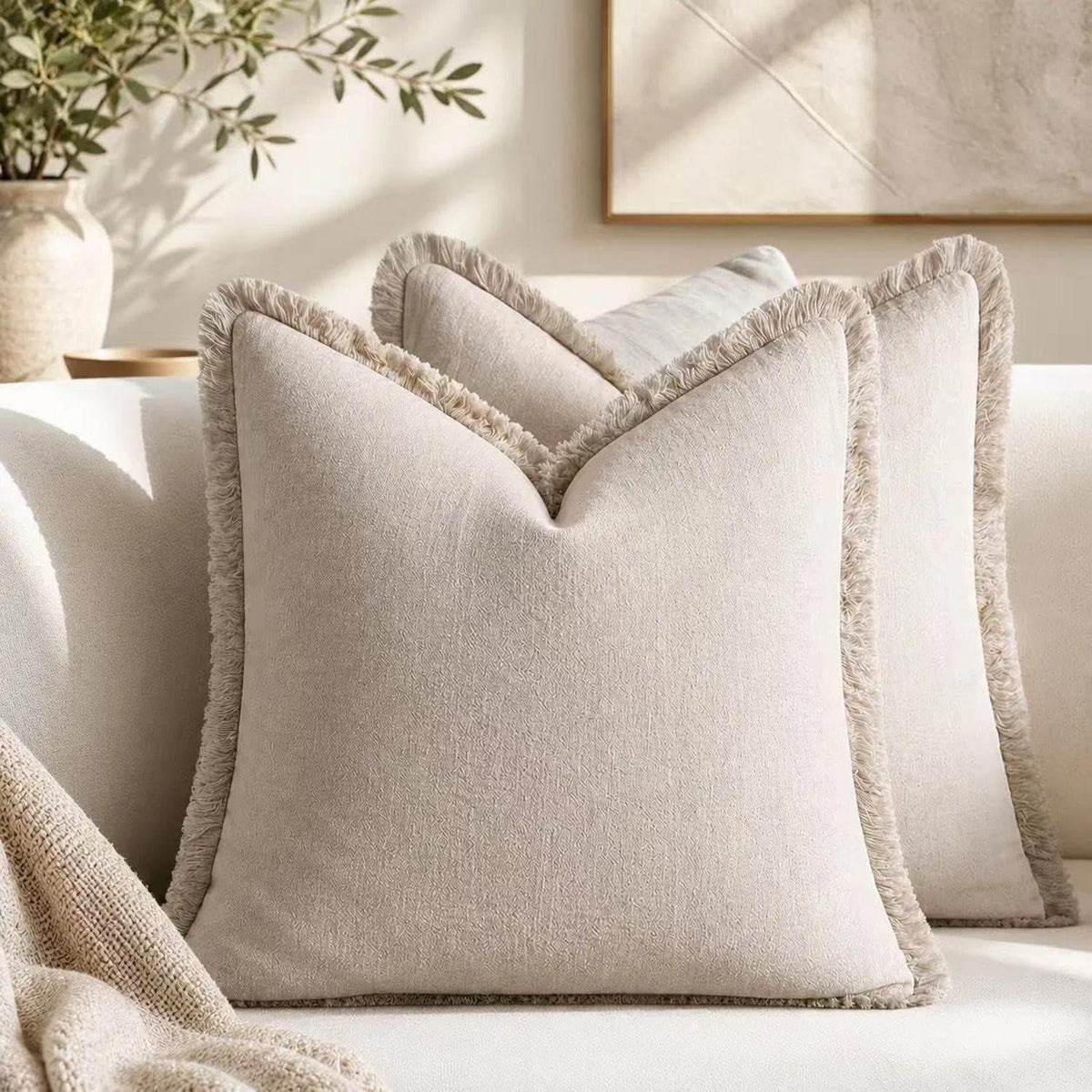 2er Set Baumwoll Kissenbezüge mit Fransen, 60x60 cm, Beige