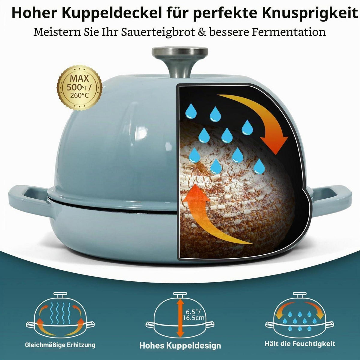 Gusseisen Brotbacktopf 5,35L mit Ofenhandschuhen – Meersalzblau