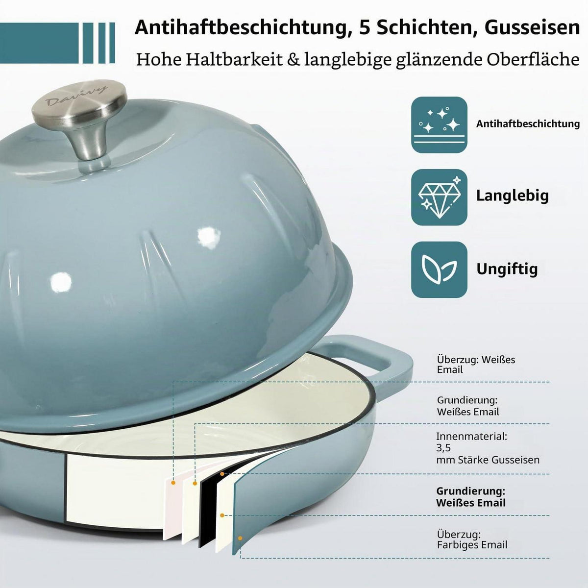 Gusseisen Brottopf 5,35L Meersalzblau mit Brotschlinge