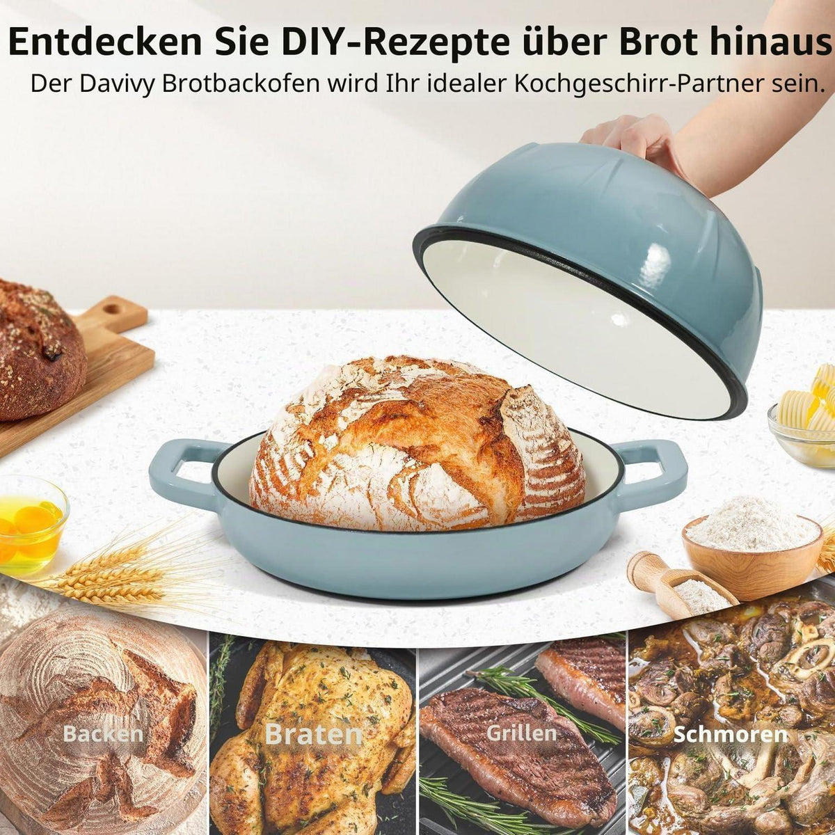 Gusseisen Brottopf 5,35L Meersalzblau mit Brotschlinge