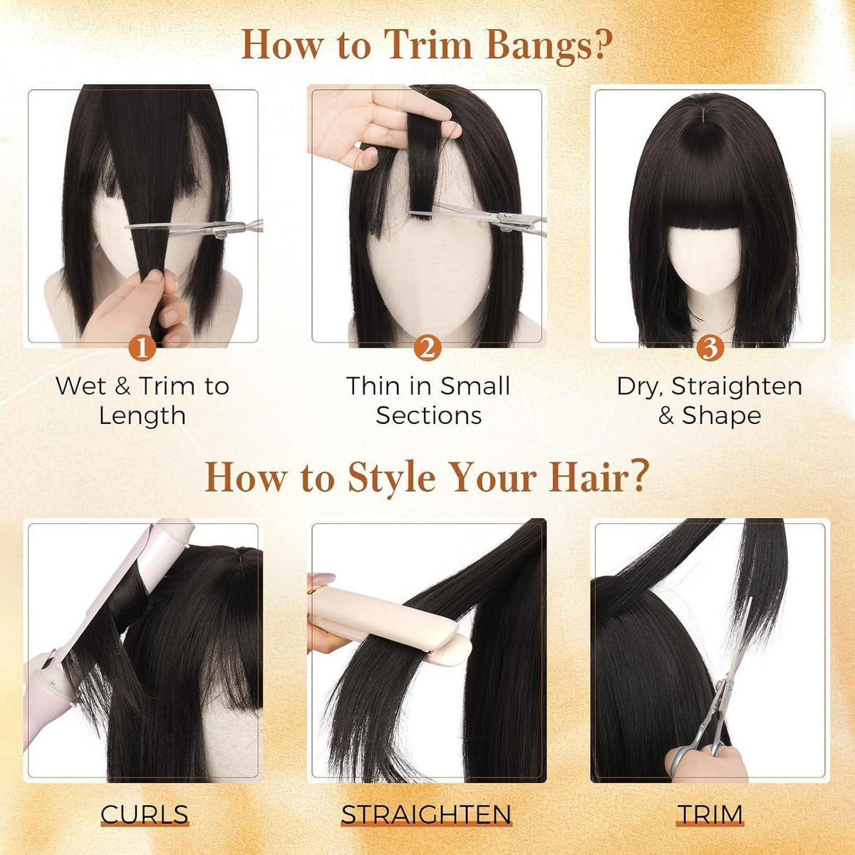 Haar Topper mit Pony – Natürliches Schwarz, 30cm