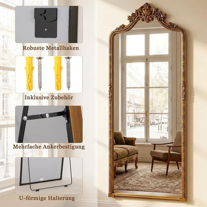 Großer Standspiegel Retro Gold | 175x70 cm | Ganzkörperspiegel mit Haken